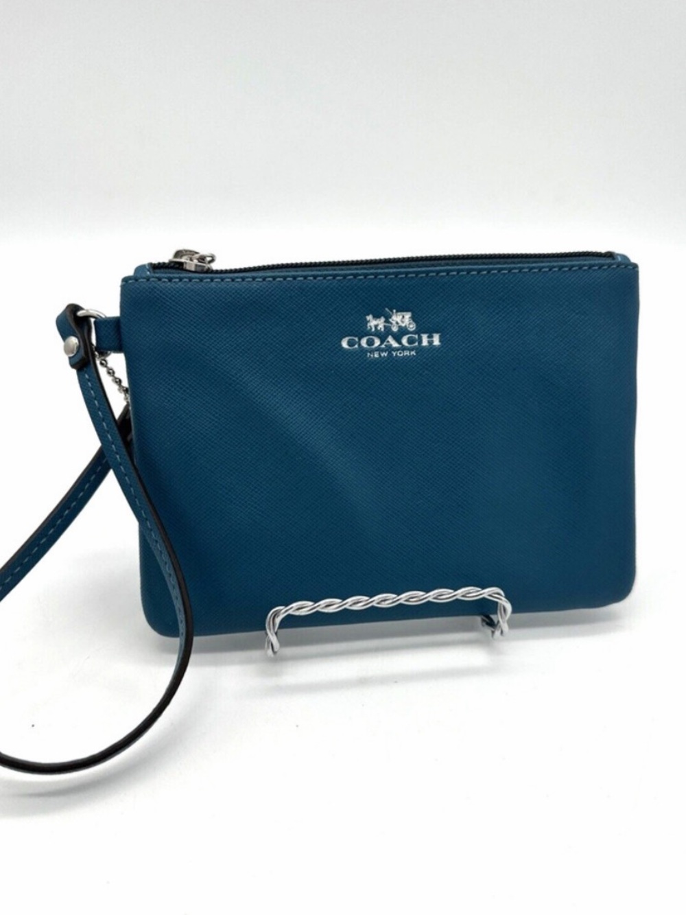 Coach Teal Leather Wristlet Clutch with Silver Hardware
